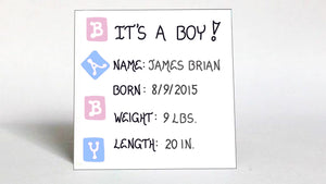 Custom Baby Announcement Magnet.  It's a Boy with custom name date of birth, weight and length,  illustrated with pink and blue baby blocks with letters of baby
