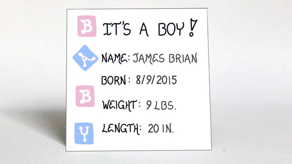 Custom Baby Announcement Magnet.  It's a Boy with custom name date of birth, weight and length,  illustrated with pink and blue baby blocks with letters of baby
